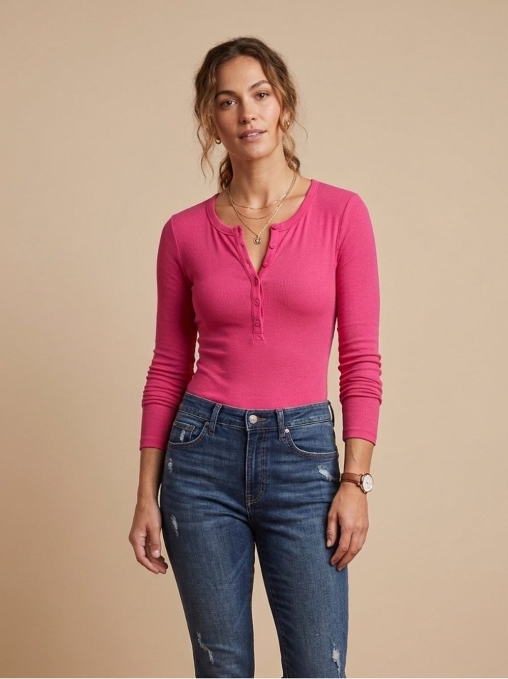 Elodie Pink Ribbed Long-Sleeve Henley Bodysuit
